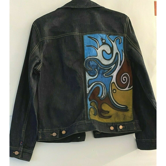 Guess Jean Jacket Dark Blue Denim RN# 62136 Style13885 Size L Art Design On Back - Picture 2 of 11